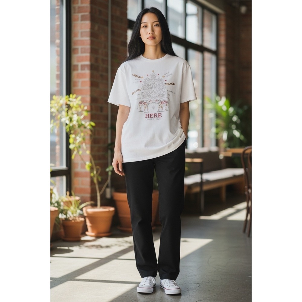 Sandro Paris White Graphic T-Shirt Peace Elephant Embroidered Oversized Tee